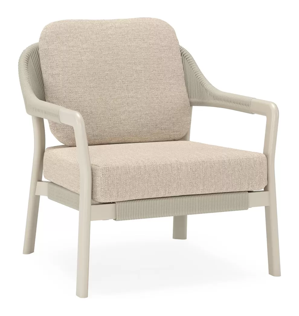 Tamariu loungestoel in beige aluminium en beige verticaal geweven ronde rope met rustic weather+ softtouch kussen