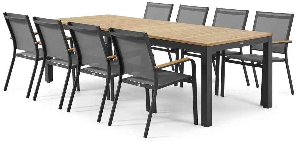 Trente tuinset in zwart aluminium en teak naturel tafelblad met 8 stapelbare Amalfi tuinstoelen