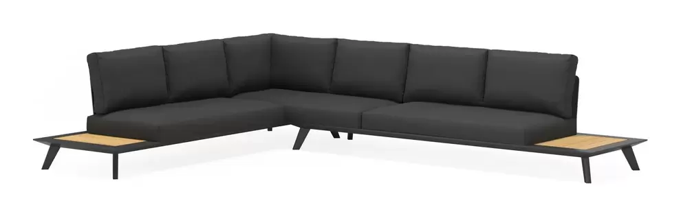 Puglia loungehoek in zwart aluminium en teak met natte sooty all weather sunbrella® premium kussens