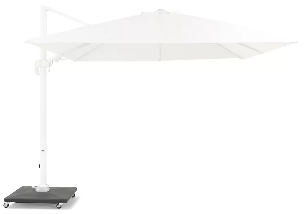 Avola zweefparasol met tiltfunctie in wit aluminium met wit weather+ softtouch parasoldoek - L1 300 x L2 300 cm (met voet)