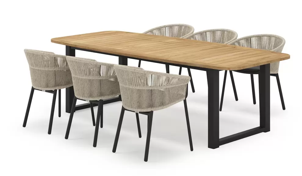 Livo bootvormige tuinset in zwart aluminium en teak natural finish met 6 Matera tuinstoelen
