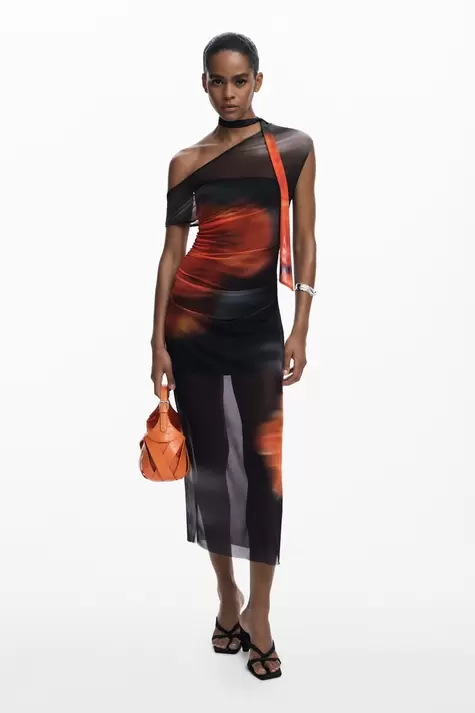Robe drapée à décolleté asymétrique fleur