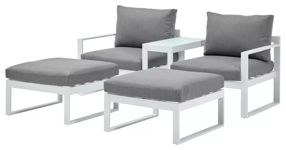 Caldela loungeset in wit aluminium met grijs polyester kussens en loungetafel