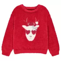Pull en tricot pelucheux renne de Noël pour fille