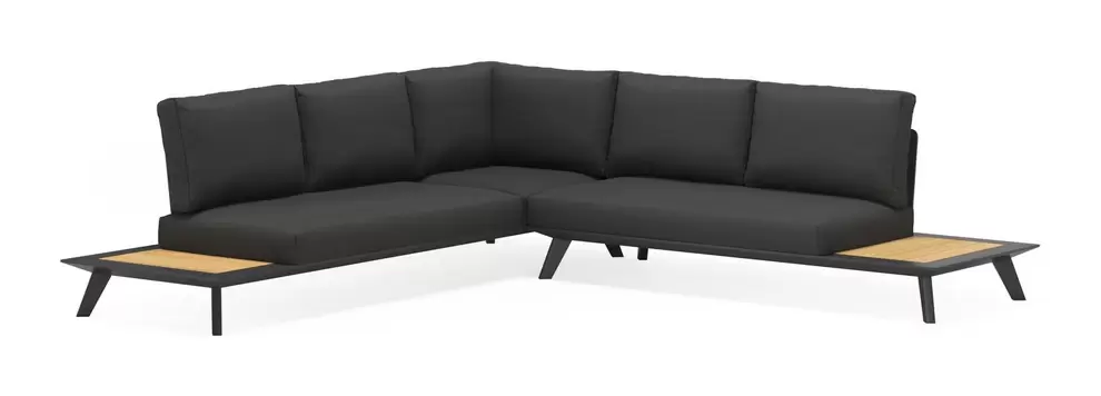 Puglia loungehoek in zwart aluminium en teak met natte sooty all weather sunbrella® premium kussens