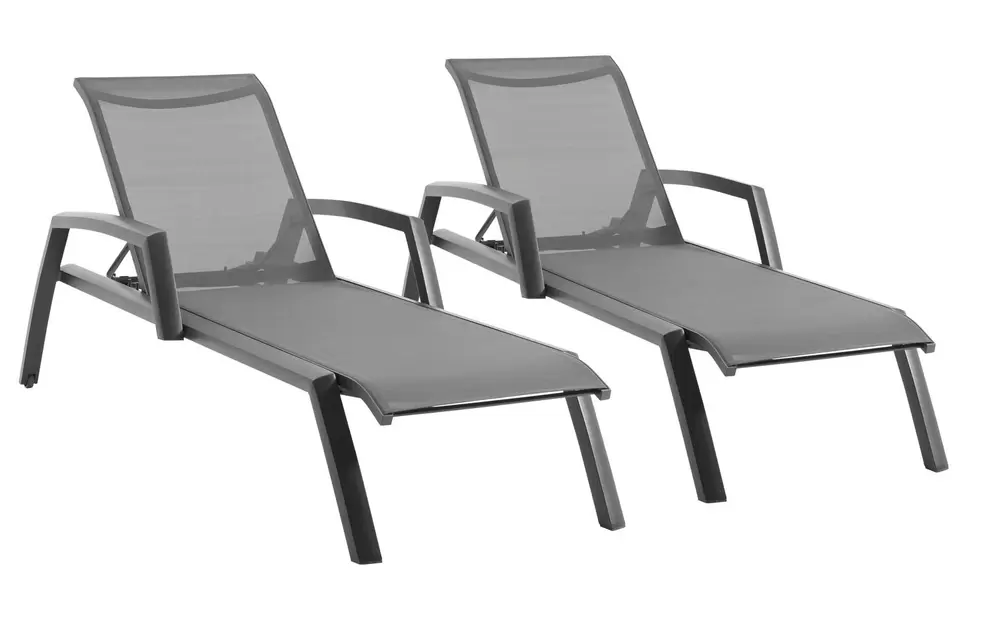 Set van 2 verstelbare Bari ligbedden in zwart aluminium en grijs textilene met armleuning