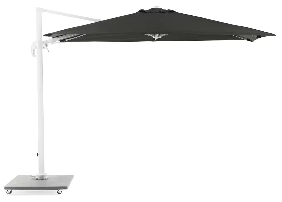 Avola zweefparasol met tiltfunctie in wit aluminium met grijs weather+ softtouch parasoldoek - L1 200 x L2 300 cm (met voet)