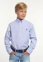 Chemise ajustée coton rayée à pois marron/bleue