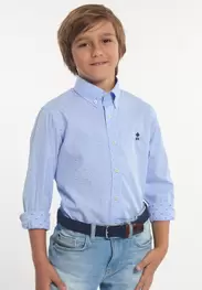 Chemise ajustée coton à pois bleue/beige