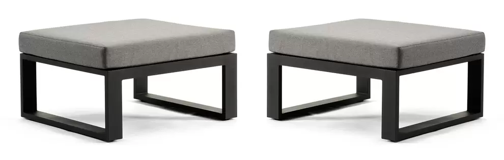 Set van 2 Livo poefs in zwart aluminium met grijs weather+ softtouch kussen