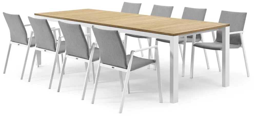 Trente tuinset in wit aluminium en teak naturel tafelblad met 8 stapelbare Madura tuinstoelen