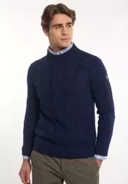 Pull cintré laine-cachemire col montant indigo mou