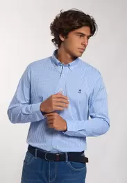 Chemise ajustée coton carreaux stretch performance bleue/blanche