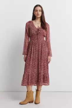 Robe midi imprimé avec décolleté à volant
