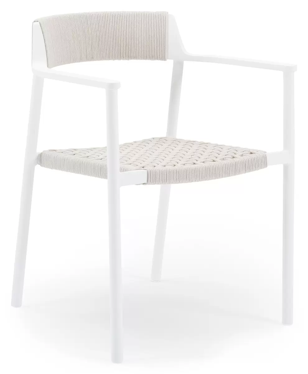 Fiordo tuinstoel in wit aluminium en beige vierkant geweven ronde rope