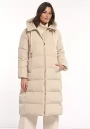 Manteau long matelassé horizontal à capuche beige