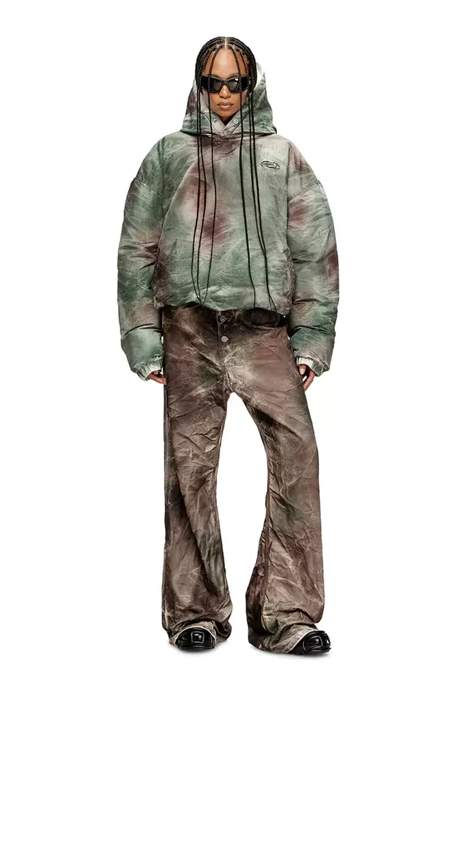 Puffy hooded jacket in camo nylon