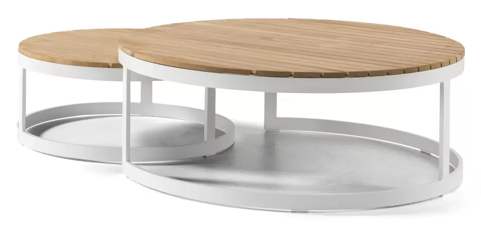 Enna loungetafels in wit aluminium en teak - Tafel 1 Dia. 70 x H 30 cm Tafel 2 Dia.100 x H 37 cm