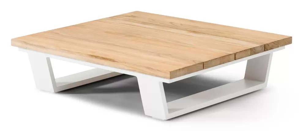 Pagino loungetafel / poef in wit aluminium en teak - L 79,5 x B 79,5 x H 21 cm