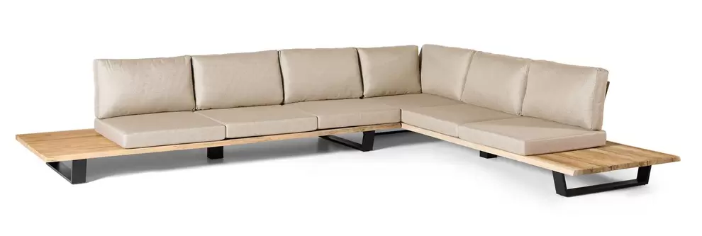 Pagino loungehoek in teak en zwart aluminium met beige weather+ softtouch kussen