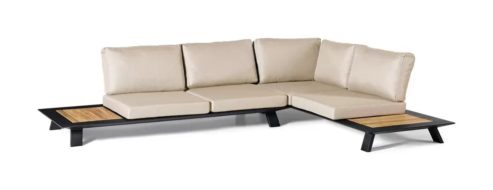 Cesano loungehoek in zwart aluminium en teak met beige weather+ softtouch kussens