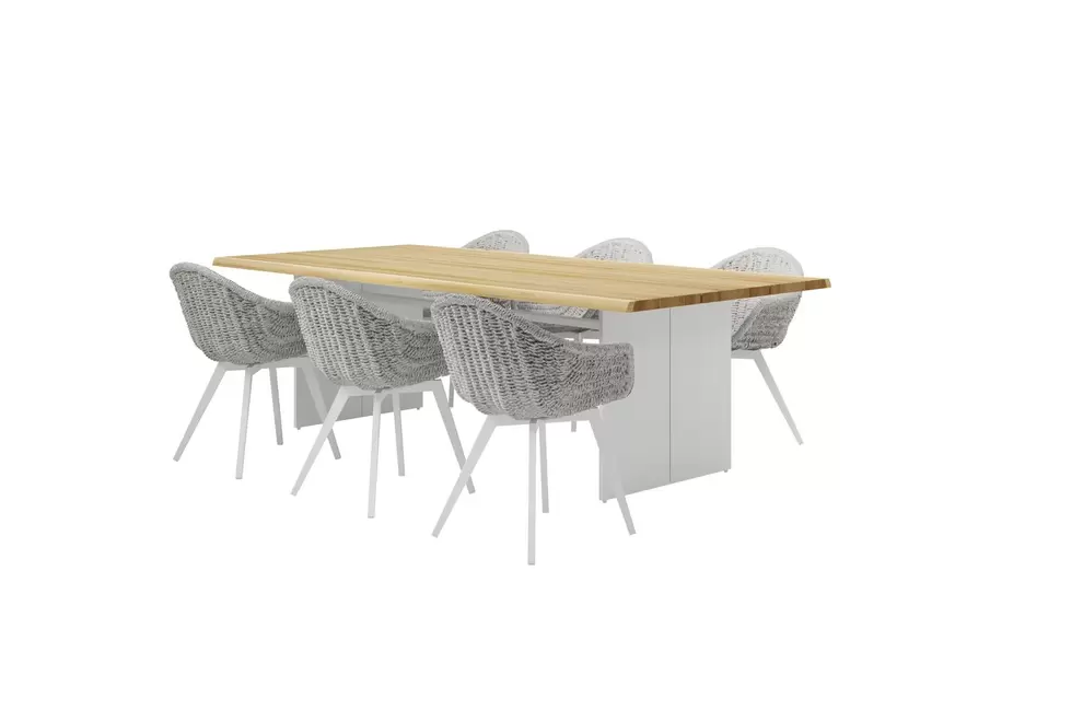 Portofino tuintafel in wit aluminium met teak en 8 Pagino tuinstoelen