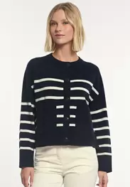 Merino wool striped crew neck cardigan navy/off white