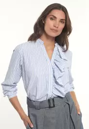 Cotton loose striped blouse ruffle collar blue/white