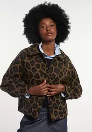 Woolen short leopard coat puffed sleeves brown