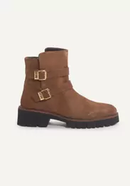 Suede ankle boots with straps beige