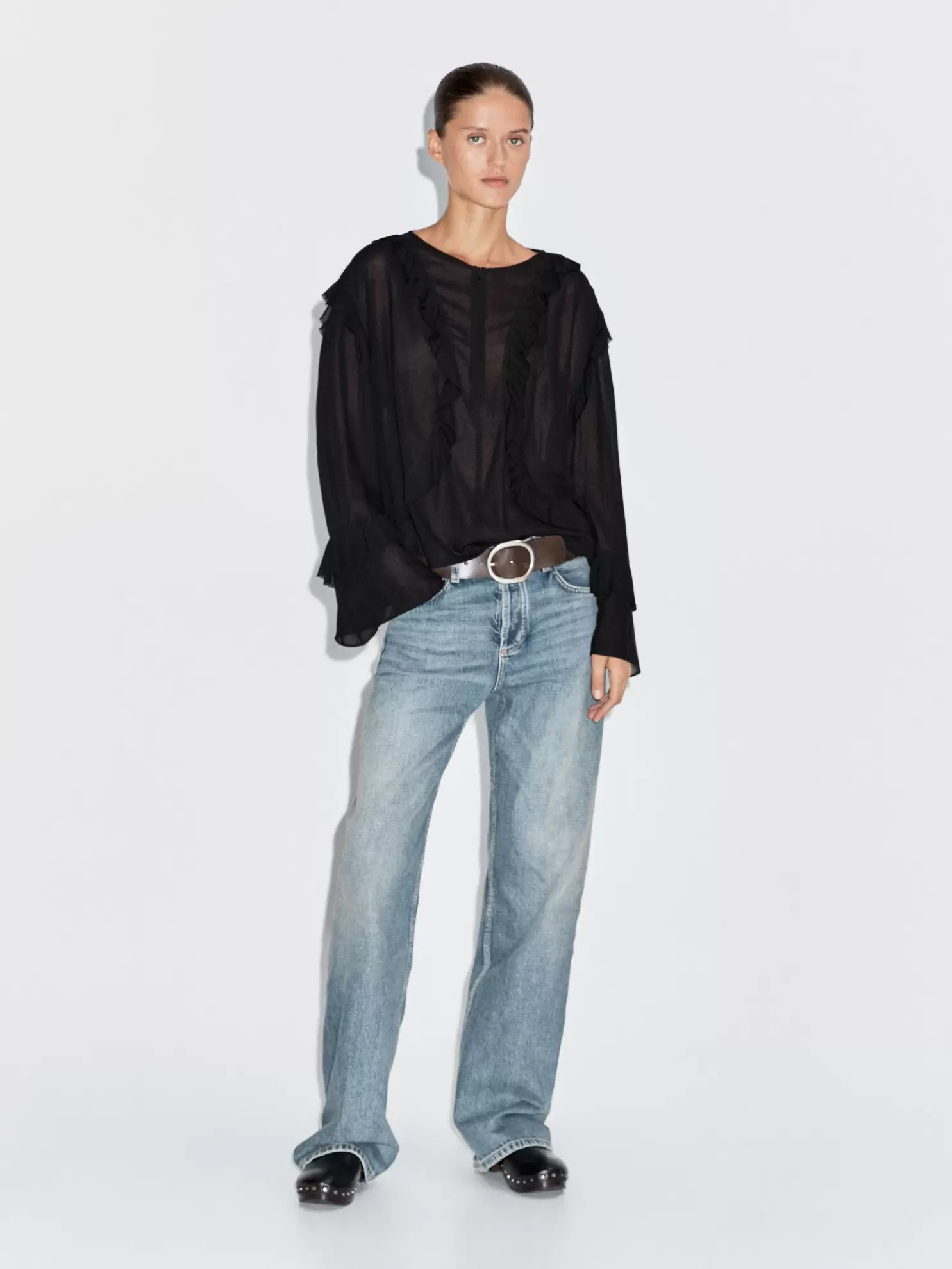 Blouse fluide à volants et fermeture Éclair