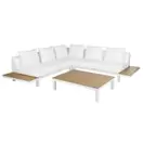 Callisto - Salon de jardin 6 places en aluminium blanc, bois de teck et coussins effet cuir blanc