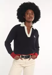 Alpaca-wool V-neck polo sweater blue/red