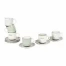 Graziella - Tasses et soucoupes en céramique blanche motifs verts (x6) et support en métal blanc