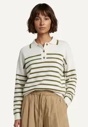 Viscose striped polo sweater long sleeves olive green/off white