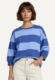 Cotton striped crew neck fleece sweater long sleeves blue
