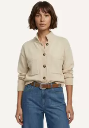 Cotton mock neck cardigan applied pockets beige