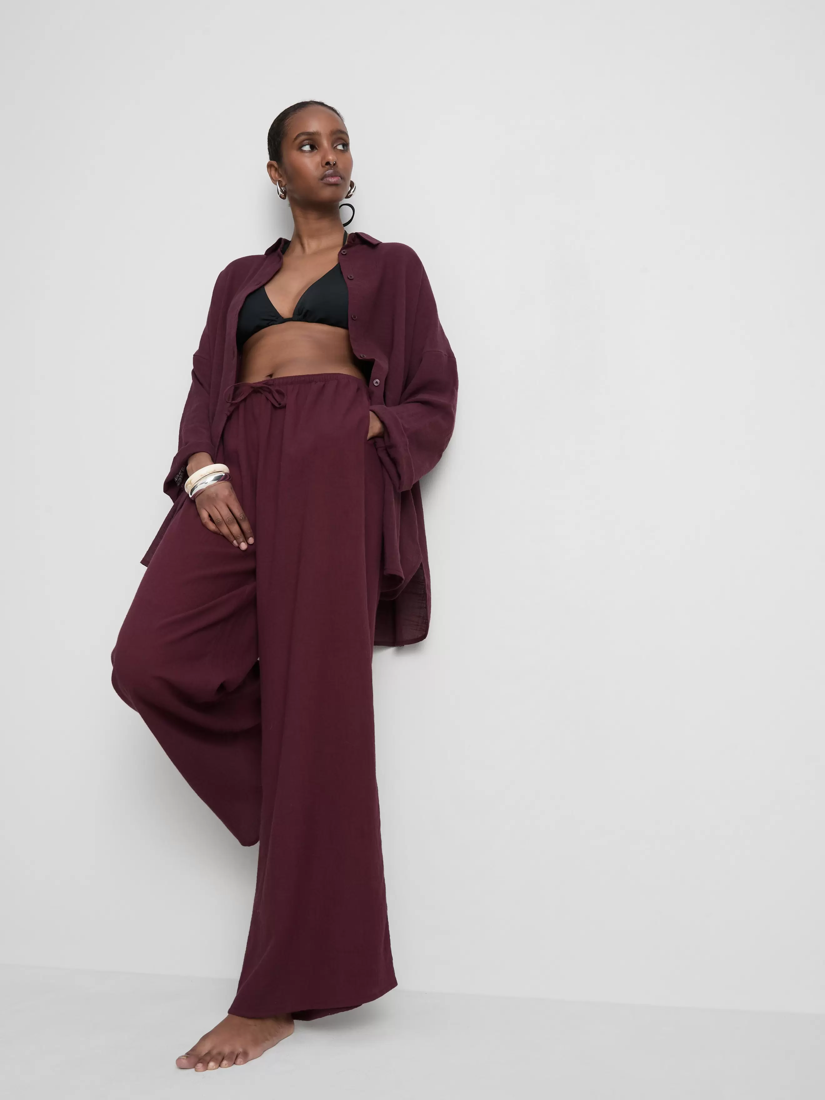 Pantalon de plage large en coton à cordon de serrage