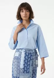 Cotton V-neck blouse wide sleeves lightblue