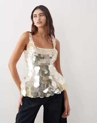ARRANGE embellished disc sequin square neck top in buttermilk