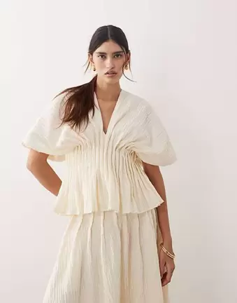 ARRANGE crinkle texture cinched waist top co ord in cream