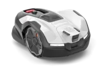 Front view of a robotic lawn mower with visible control panel.