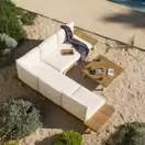 Maldives - Salon de jardin 4/5 places en aluminium beige, bois d'acacia et coussins en polyester recyclé écru