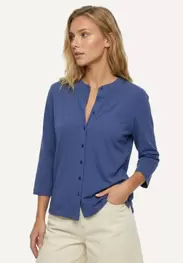 Cotton buttoned crew neck T-shirt 3/4 sleeves blue