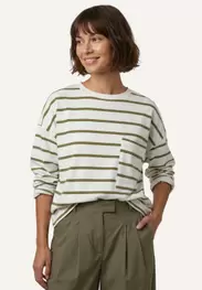 Organic cotton striped T-shirt chest pocket cream/olive
