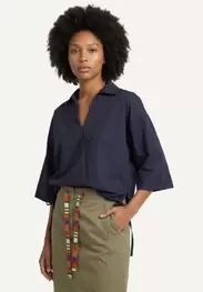 Cotton poplin V-hals blouse 3/4 sleeves navy