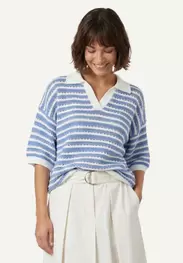 Organic cotton fancy striped polo sweater elbow sleeves off whtie/azur