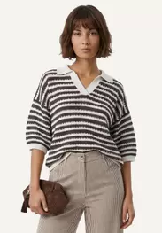 Organic cotton fancy striped polo sweater elbow sleeves cream/choco