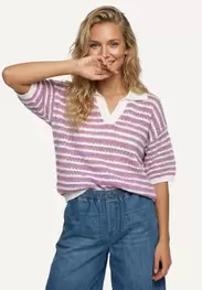 Organic cotton fancy striped polo sweater elbow sleeves off white/purple