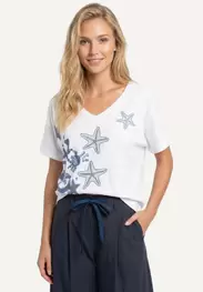 Cotton fancy loose V-neck T-shirt white